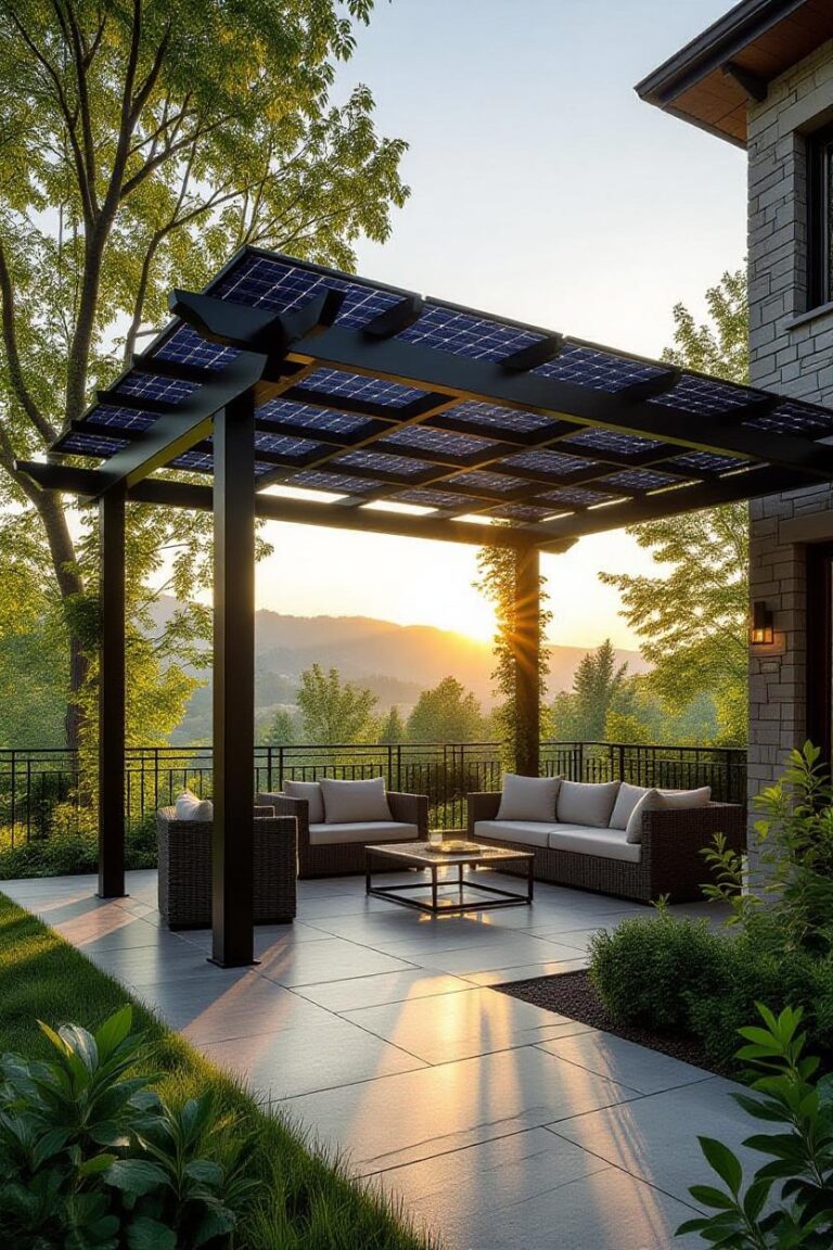 Estructura de pérgola con paneles solares integrados en terraza exterior, ofreciendo sombra elegante y producción de energía renovable al atardecer.
