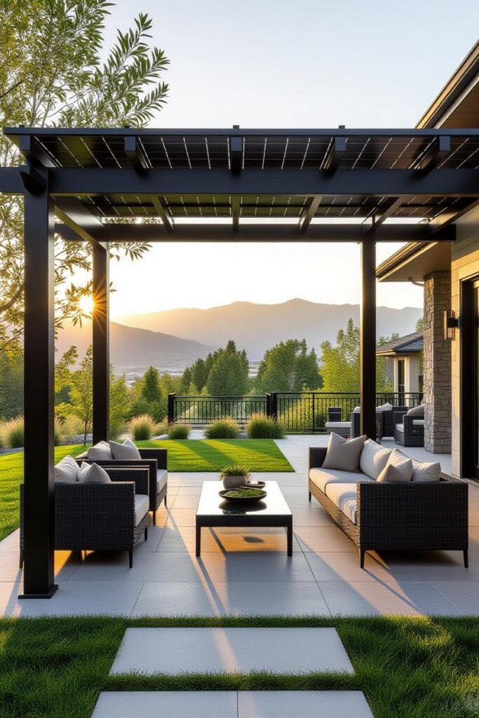 Terraza con pérgola solar de diseño moderno, equipada con paneles fotovoltaicos integrados para generar energía limpia, rodeada de jardín y vistas a la montaña.